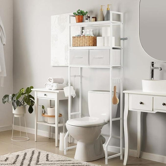 YBING Over The Toilet Storage Cabinet, Over Toilet Bathroom Organizer with Drawer, Above Toilet Stand with Roll Holder and Hooks, Over Toilet Storage Shelf Cabinet, Wooden, White - ModernBath