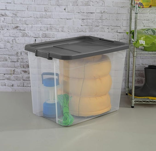 108-Quart Clear Plastic Stackable Storage Tote with Latching Lid, Textured Grip, Flat Grey Lid,Heavy Duty Stackable Storage Bins, – Closet, Bathroom, Office Organizer