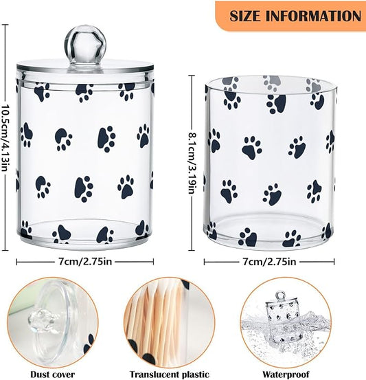 Tatenale Qtip Holder Bathroom Set Q tip Cotton Ball Swab Pad Dispenser Container Organizer Plastic Jars with Lids Storage 2Pack Small Paw Print White