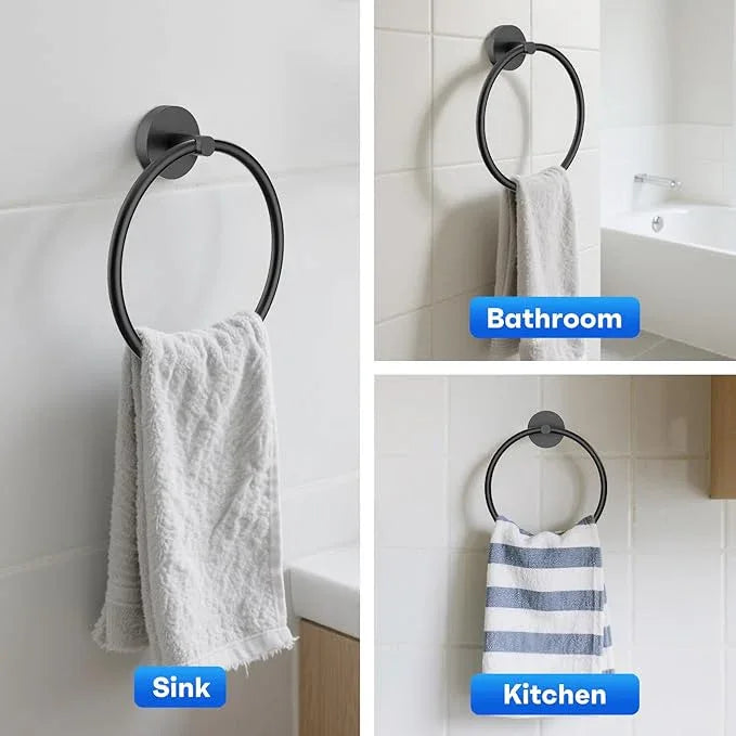 Hand Towel Holder Screw-in Matte Black Towel Ring for Bathroom Wall Stainless Steel Towel Hanger Round Towel Racks for Bathroom Decor and Accessories, 2 Packs - ModernBath