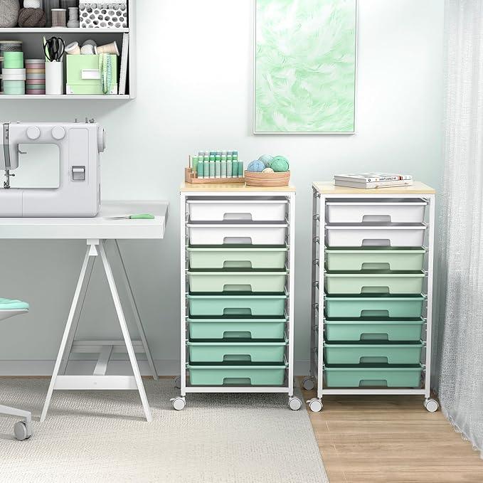 Rolling Storage Utility Cart Organizers with 8 Drawers and Wooden Tabletop for Living Room,Office,Classroom,Craft Room,Bedroom,Dorm,Green - ModernBath
