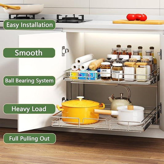 2 Tier Individual Pull Out Cabinet Organizer 30" W x 21½" D, Heavy Duty Cabinet Pull Out Shelves, Slide Out Drawers Organization for Kitchen Cabinets Bathroom - ModernBath