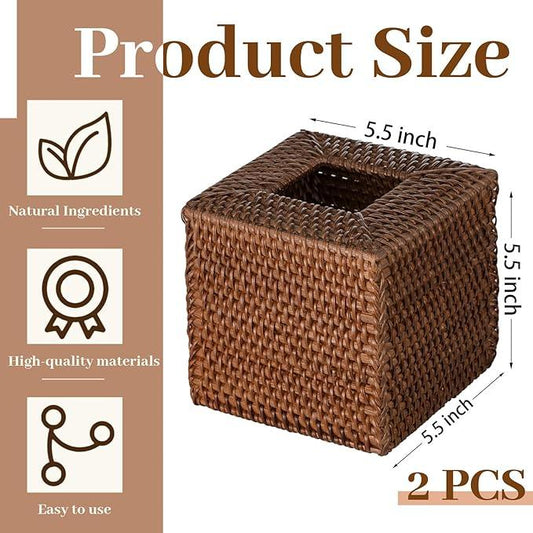 Kigley 2 Pcs Square Rattan Tissue Box Cover Boho Wicker Tissue Cube Box Cover 5.5'' x 5.5'' x 5.5'' Decorative Natural Wicker Hand Woven Napkin Box Holder Bathroom Office Car Accessories (Brown) - ModernBath