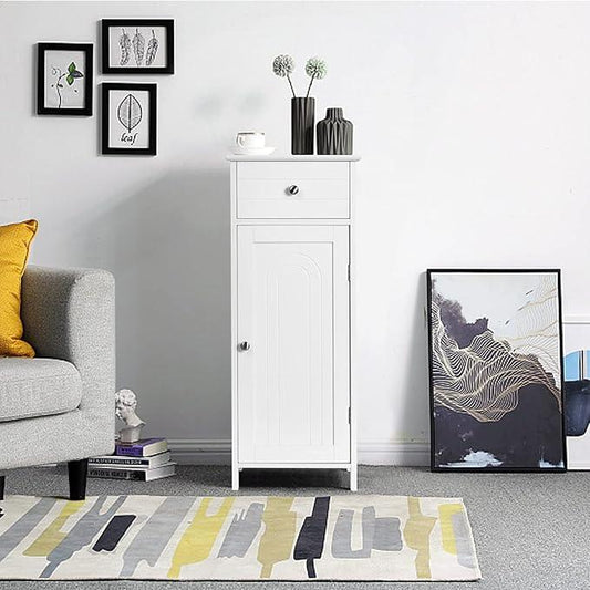 GOFLAME Bathroom Storage Cabinet, Freestanding Wooden Storage Cabinet with Large Drawer, 2 Float Shelves with 7 Positions, Bathroom Floor Cabinet Organizer for Living Room, White - ModernBath