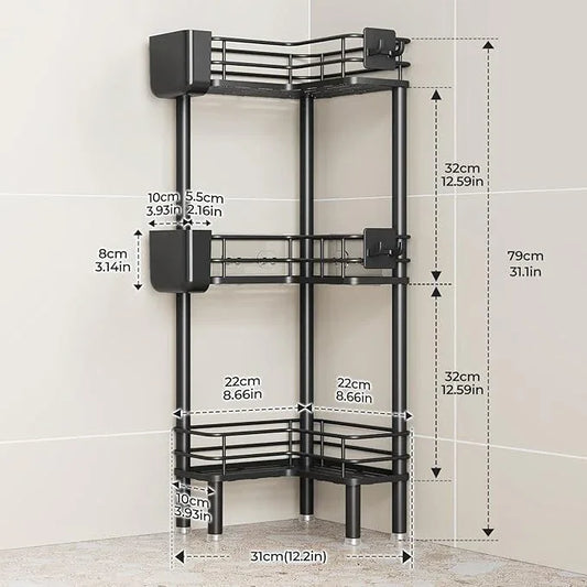 Orimade Rustproof 3 Tier Floor Standing Corner Shower Caddy Organizer with Toothbrush Holder, Large Spacing Floor Shower Shelf Rack Storage Stands with Hooks for Bathroom Kitchen, Black - ModernBath