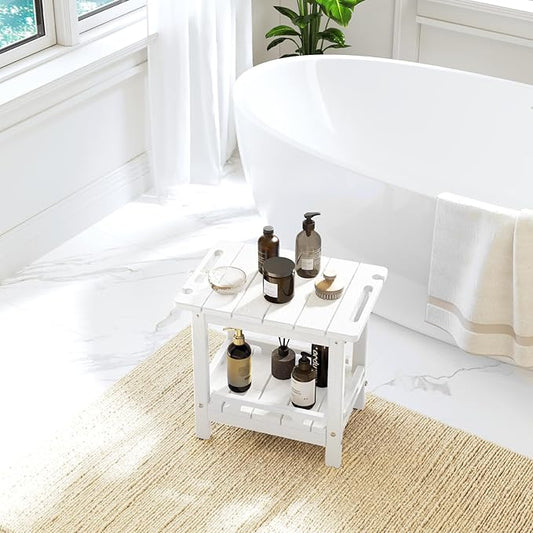 NALONE Shower Bench, HDPE Shower Benches with Storage Shelf & Handles, Indoor and Outdoor Use (White)