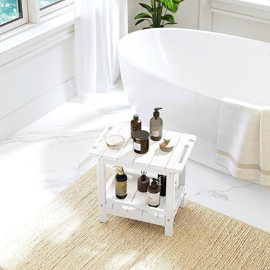 NALONE Shower Bench, HDPE Shower Benches with Storage Shelf & Handles, Indoor and Outdoor Use (White) - ModernBath