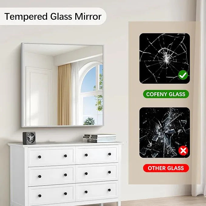 COFENY Silver Bathroom Mirror for Wall, 30x30 Inch Rectangle Mirrors with Metal Frame, Modern Vanity Wall Mirror Decor for Bathroom Living Room, Entryway Hangs Horizontal or Vertical - ModernBath