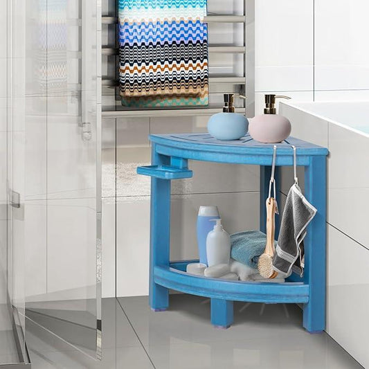 LOENIY 2-Tier Corner Shower Stool with Hooks & Soap Dish, HDPE Shower Bench for Shaving Legs, Wood-Like Shower Stool for Inside Shower with Non-Slip Foot Pads, Waterproof Shower Foot Rest (Blue) - ModernBath