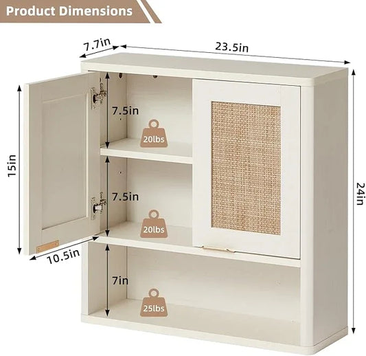 LEYAOYAO Rattan Bathroom Wall Cabinet, Boho Medicine Cabinet with Adjustable Shelve & Doors, Over The Toilet Storage Cabinets Organizer for Laundry Room, Kitchen, Living Room, White - ModernBath