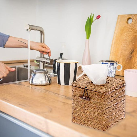Sumnacon Tissue Box Cover Square Seagrass Tissue Box with Lid, Woven Tissue Box Holder Rustic Cube Tissue Cover for Bathroom Toilet Bedroom Living Room Kitchen Table Desk Office Car, Caramel - ModernBath