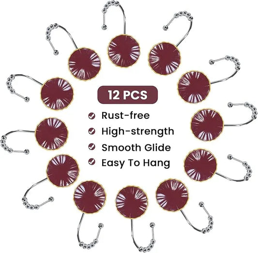 BESTRIPES Shower Curtain Hooks Rings, Decorative Rust Proof Stainless Steel Glide Rollers Shower Hooks Rings for Bathroom Shower Rods Curtains, Set of 12, Burgundy - ModernBath