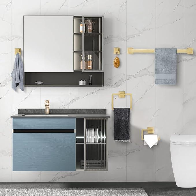 YACVCL 5 Piece Bathroom Hardware Set Brushed Gold, SUS304 Stainless Steel 23.6 Inch Bathroom Towel Holder Set, Brushed Gold Bathroom Accessories, Wall Mounted Towel Holder Set - ModernBath