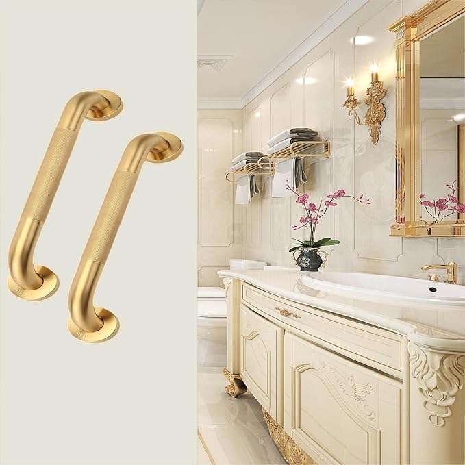 Rackickyer Shower Grab Bar, 2 Pack 24 Inch Gold Bathroom Grab Bar, 1.25" Diameter 304 Stainless Steel Anti-Slip Grab Bars for Bathtubs and Showers, Handicap Shower Grab Bar for Seniors Elderly
