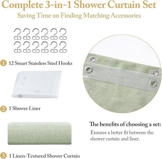FY&XZH 3-in-1 Fabric Shower Curtain Set,Double Waterproof Linen-Texture Shower Curtain with PEVA Liner That Fully Prevents Splashes,Soft Shower Curtains with 12 Anti-Fall Hooks,72"x72" (Light Green) - ModernBath