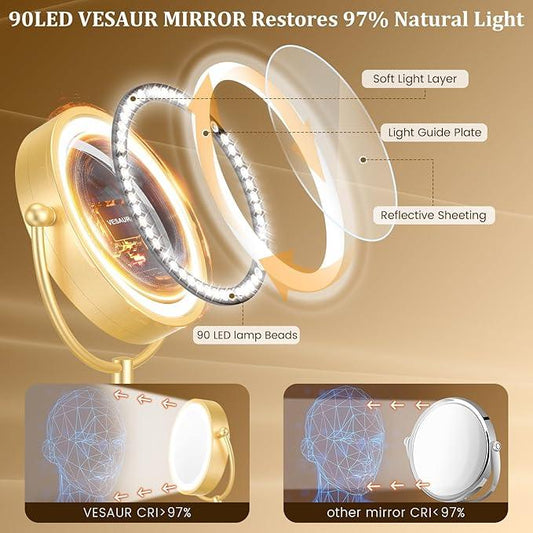 VESAUR 8.5'' Large Gold Lighted Makeup Mirror, 1X/10X Clear Seamless Magnifying Mirror, Bright Vanity Mirror with 3 Colors Dimmable Lights, Two-Sided 360°Rotation Stable Base, Luxury Nickel, Gift Box - ModernBath