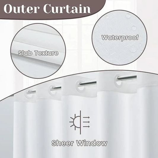 SORTTO No Hook Slub Textured Shower Curtain with Snap in Liner - White Fabric Outer Curtain & Waterproof Inner Liner, Hotel Style with See Through Top Window, 71x74 in - ModernBath