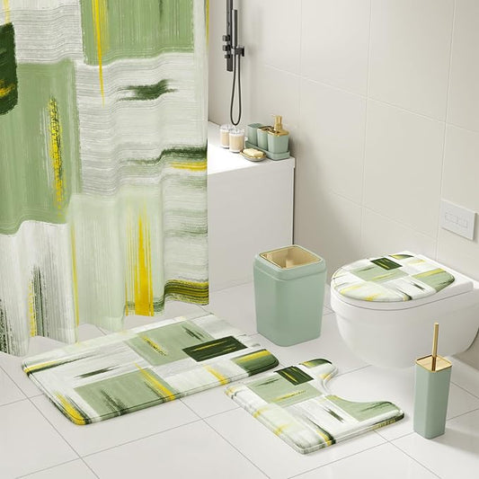 XLHOMO Bathroom Set - Sage Green Bathroom Accessories Set, Bathroom Sets with Shower Curtain and Rugs, Sage Green Shower Curtain Set with Bathroom Trash Can, Soap Dispenser, Soap Dish for Home Decor