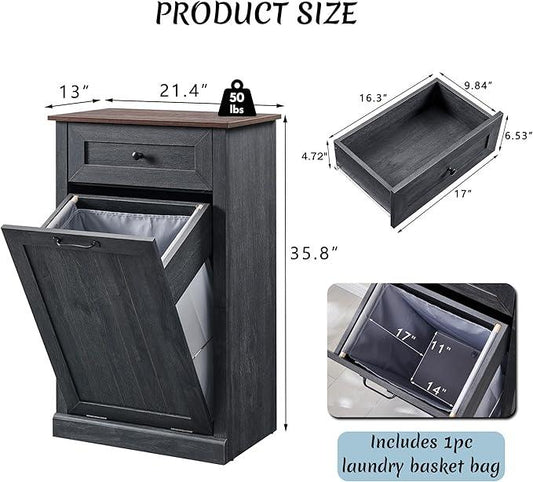Tilt Out Laundry Hamper Cabinet, 10 Gallon Farmhouse Trash Can Cabinet with Drawer, Hidden Wood Garbage Can Bin Cabinet with Laundry Storage Basket for Bathroom, Kitchen, Dark Grey - ModernBath