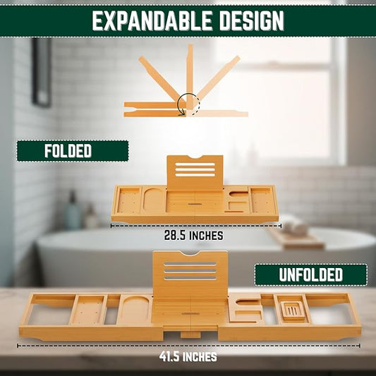 Bamboo Bathtub Caddy Tray Expandable & Foldable Bath Shelf with Book, Tablet & Wine Holder Adjustable Wooden Bath Tray for Relaxing Spa at Home – Fits Most Tub Sizes.