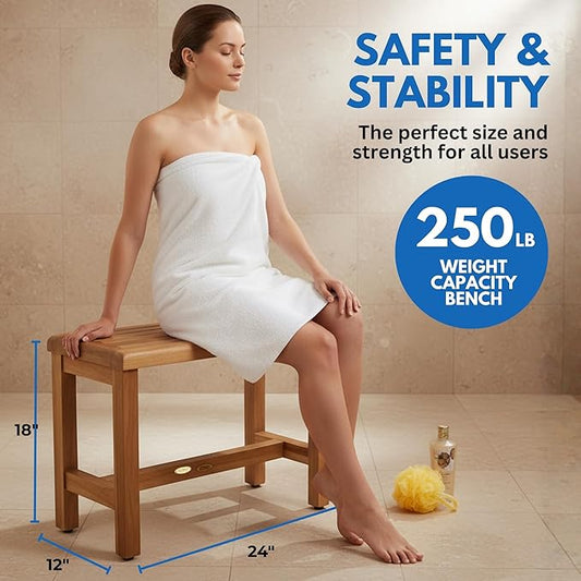 EcoDecors Eleganto 24 Inch Natural Color Waterproof Teak Wood Shower Bench Stool Seat Chair For Inside Shower Provides Safety, Storage, and Organization For Bathroom Accessories