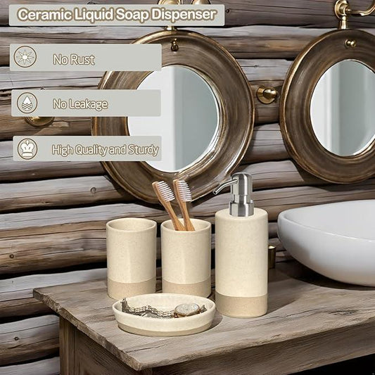 CAAS Bathroom Accessories Set 4, Beige Soap Dispenser for Bathroom, Toothbrush Holder,Tumbler Cup and Soap Dish, New Apartment Essentials, Modern Beige Bathroom Décor (Rustic) - ModernBath