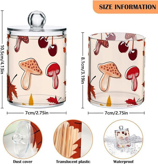 Tatenale Qtip Holder Bathroom Set Q tip Cotton Ball Swab Pad Dispenser Container Organizer Plastic Jars with Lids Storage 2Pack Fall Leaves Rowanberry and Mushroom - ModernBath