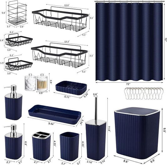 XLHOMO 28PC Bathroom Set - Gorgeous Blue Bathroom Set, Bathroom Accessory Set, Blue Shower Curtain Set with 5PC Shower Organizer