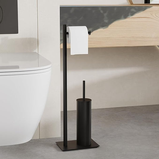RUACQ Toilet Paper Holder Stand with Toilet Brush and Holder Set, 304 Stainless Steel Bathroom Toilet Tissue Paper Roll Holder Free Standing, Weighted Base, Heavy Duty (Matte Black)
