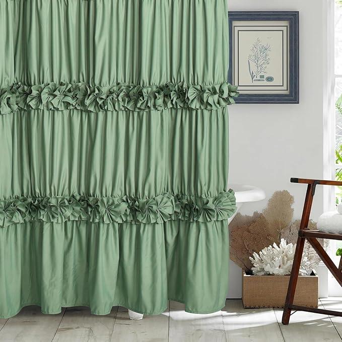 Homechoice Decor Light Green Ruffle Shower Curtain 72“ W x 84” H, Vintage Handcrafted Bow Tie Bath Curtain for Master Bathroom, Ruched Microfiber Bathroom Curtain with 12 Buttonholes (LQ-10) - ModernBath