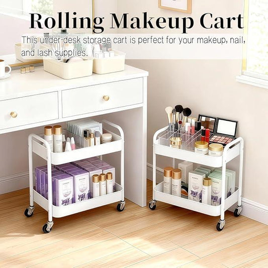 2 Tier Metal Rolling Cart with Wheels for Under Desk Storage & Pantry Storage, High Load-Bearing Kitchen Utility Cart for Small Space, Laundry Room Organization Side Table with 4 Hooks, White - ModernBath