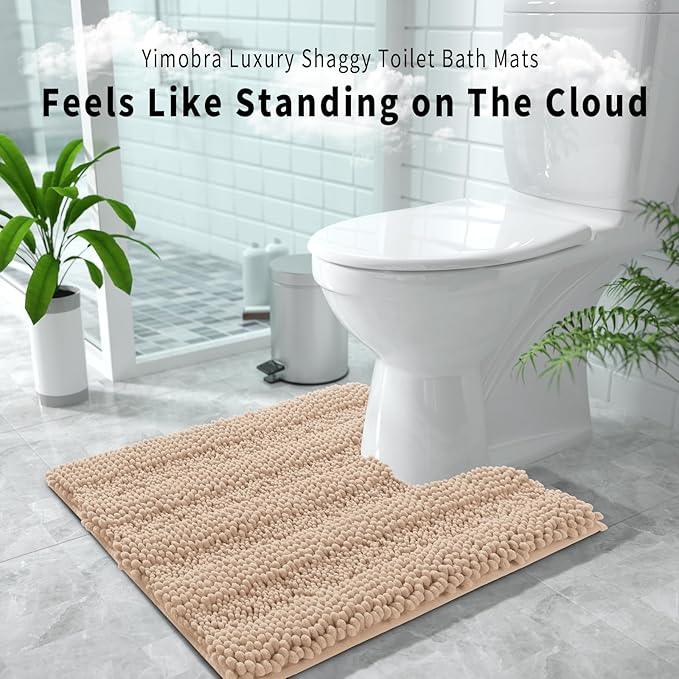 Yimobra Toilet Rugs U Shaped Washable 24 x 20, Non Slip and Super Absorbent Toilet Mat, Quick Dry, Ultra Luxury Microfiber Chenille Plush Fluffy Contour Bath Rugs for Toilet Base, Beige - ModernBath