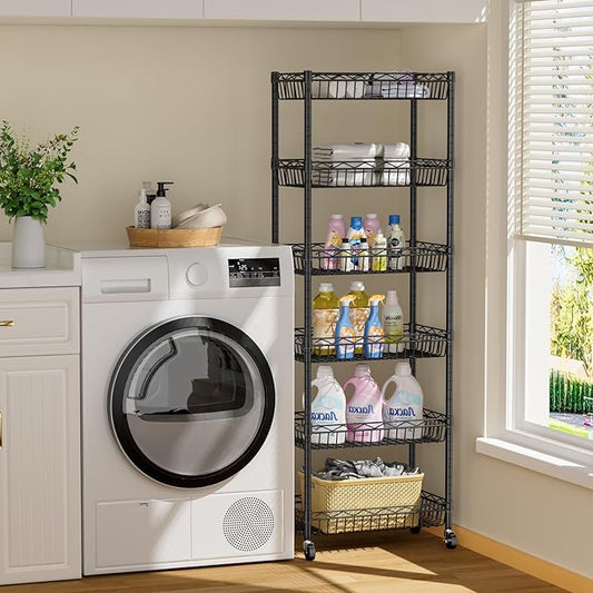 6 Tier Basket Shelf Wire Shelving Unit Adjustable Storage Shelves Big Basket Rack for Garage Kitchen Office Pantry Corner 17.2" Dx12.2 Wx63 H Black