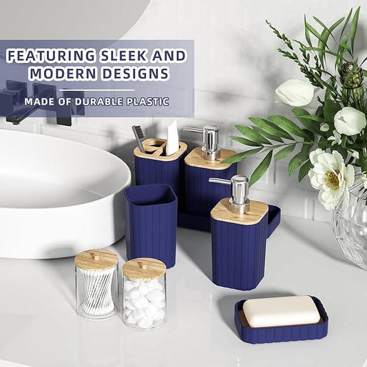 XLHOMO Bathroom Accessories Set - Elegant Blue Bathroom Set, 10PC Bathroom Accessory Set, Toilet Brush, Trash Can, Qtip Holder Dispenser & Soap Dispenser - ModernBath