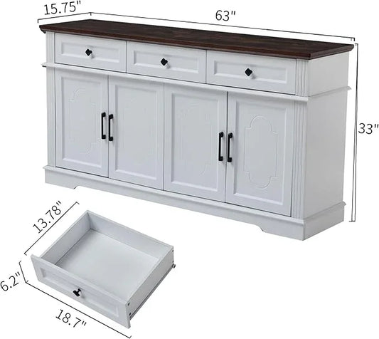 63" White Buffet Sideboard Cabinet with 4 Doors and 3 Drawers, Modern Farmhouse Kitchen Storage Cabinet, Coffee Bar Cabinet with Adjustable Shelves, Living Room Storage, Dining Room - ModernBath