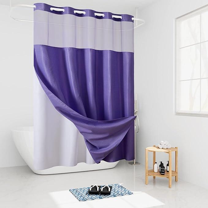 Furlinic Extra Long No Hook Waffle Weave Shower Curtain with Snap in Fabric Liner Set,Heavy Duty Textured Bathroom Curtains with See Through Window,Waterproof & Machine Washable,Purple,71x96 Inch - ModernBath