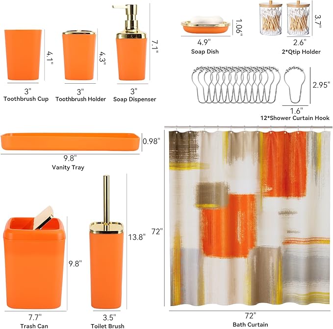 XLHOMO Orange Bathroom Accessories Set, Bathroom Sets with Shower Curtain, Orange Bathroom Accessories with Trash Can, Soap Dispenser, Soap Dish, Toilet Brush Holder, Qtip Holders for Bathroom