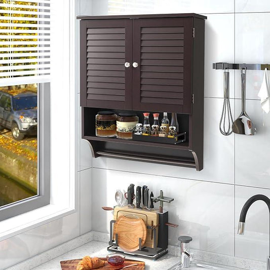 Giantex Wall Mounted Bathroom Cabinet with 2 Louvered Doors, 3-Position Adjustable Shelf, Towel Bar, Over The Toilet Space Saver, Above Toilet Hanging Medicine Cabinet (Espresso) - ModernBath