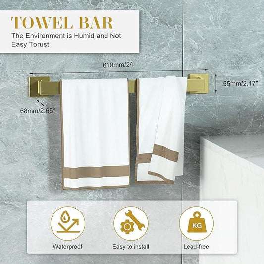 Bathroom Accessory Towel Bar Set: 10 Pieces Gold Square Bathroom Hardware SUS304 Stainless Steel - 24 Inch Wall Mounted Towel Rack&Toilet Paper Holder&Towel Ring and Towel Hook - ModernBath