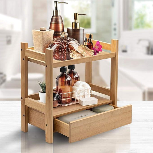 Sorbus Bamboo Bathroom Counter Organizer – 2-Tier Shelf with Hidden Drawer for Vanity, Matcha Station, Bathroom Sink Organizer Countertop, Kitchen & Office Storage (13″ L x 6.5″ W x 12.6″ H) - ModernBath
