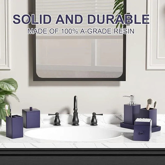 Navy Blue Bathroom Accessories Set Resin 6PCS, Square Toothbrush Holders Set Complete with Soap Dispenser, Vanity Tray, Tumbler, Cups and Cotton Swab Jars for Counter, Sink or Small Spaces - ModernBath