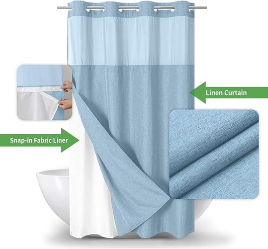eachope Stall No Hooks Needed Linen Textured Shower Curtain with Snap-in Fabric Liner Set,Hotel Luxury Decor Farmhouse Shower Curtains for Bathroom,Waterproof & Washable,54Wx80H,Fog Blue - ModernBath