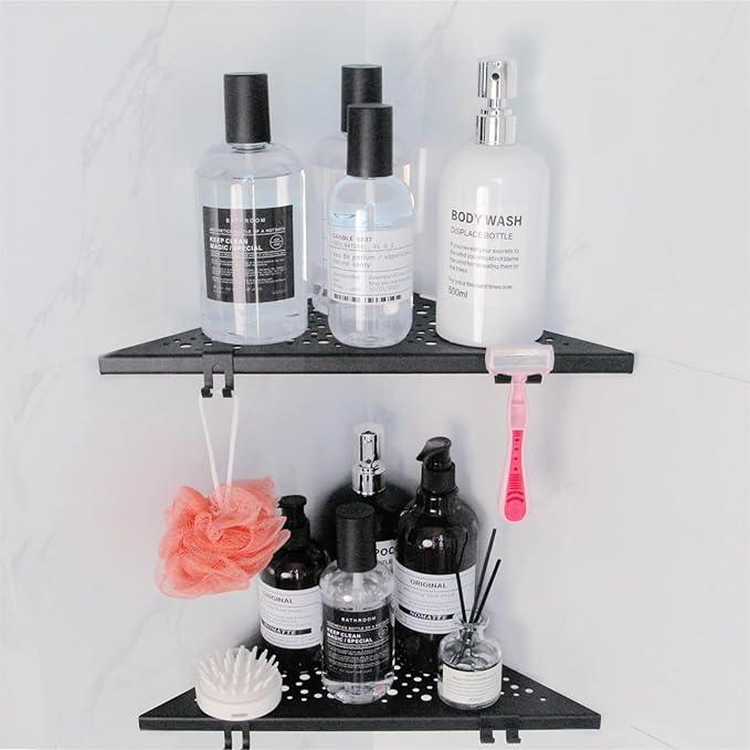 Corner Shower Shelf with 4 Hooks,10 Inch 304 Stainless Steel Recessed Bathroom Shelves,No-Drilling Installation for Tiled Wall,Matte Black, 2-Pack - ModernBath