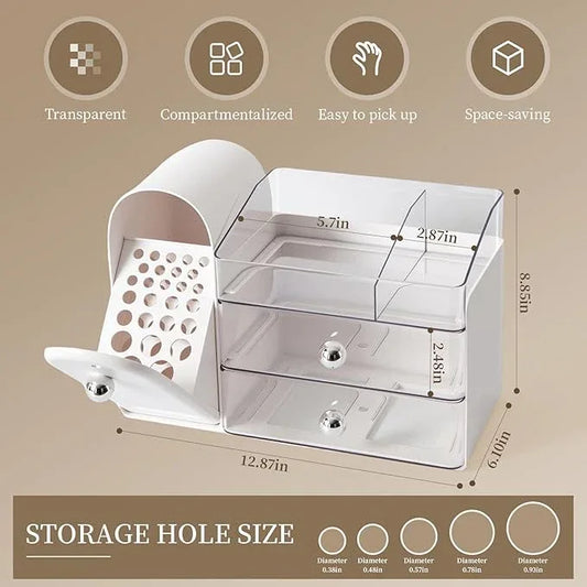 Makeup Organizer with Brush Holder for Vanity, Large Cosmetic Display Cases with 2 Drawers, Skincare Organizer for Bathroom Countertop, White - ModernBath