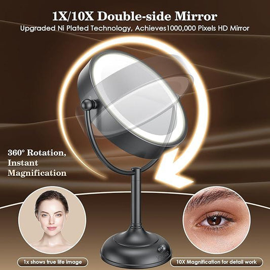VESAUR Professional 8.5" Lighted Makeup Mirror, 1X/10X Double Sided HD Undistorted Magnifying Mirror with 3 Color 90 Dimmable LED lights, 360° Rotation Vanity Mirror, Unique Black Nickel with Gift Box - ModernBath