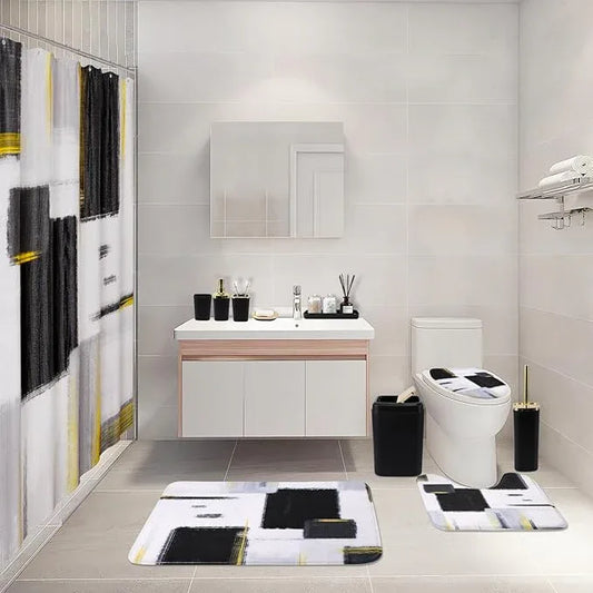 XLHOMO Bathroom Set - Black Bathroom Accessories Set, Bathroom Sets with Shower Curtain and Rugs, Black Shower Curtain Set with Bathroom Trash Can, Soap Dispenser, Soap Dish for Home Decor - ModernBath
