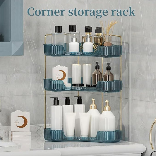 INVSSENE Corner Bathroom Countertop Organizer, Vanity Organizer Trays for Counter, Makeup Organizers, Perfume Tray, Skincare Shelf Storage Gifts for Women Girl Student (Blue, 3 Tiers)
