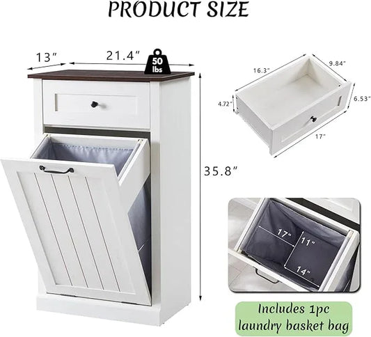 Tilt Out Laundry Hamper Cabinet, 10 Gallon Farmhouse Trash Can Cabinet with Drawer, Hidden Wood Garbage Can Bin Cabinet with Laundry Storage Basket for Bathroom, Kitchen, Antique White - ModernBath