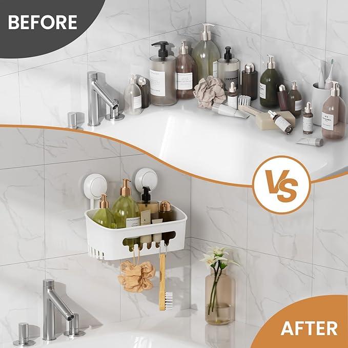 LEVERLOC Shower Caddy Suction Cup, Shower Organizer Removable Bathroom Shelf, Storage Suction Powerful Max Hold 22lbs Bathroom Caddy Waterproof Holder, White - ModernBath