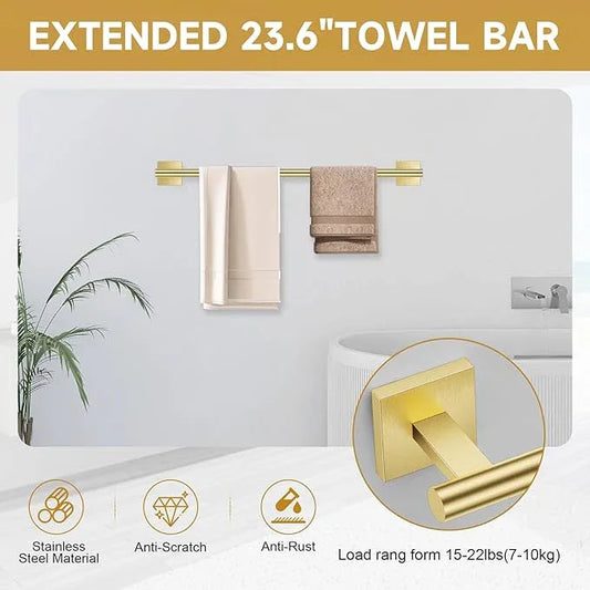 Brushed Gold Towel Bar Set, 5 Pieces Double Dase Toilet Paper Holder Bathroom Hardware Set, 23.6 Inch Stainless Steel Towel Racks for Bathroom Wall Mounted - ModernBath